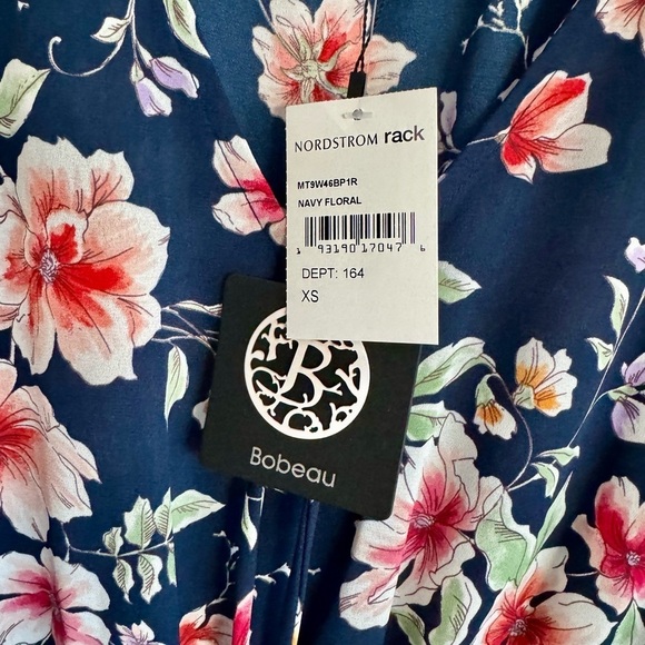 NWT Bobeau Navy Floral Print Blouse Summer Peplum Smocked Waist Top Size XS - Picture 8 of 8